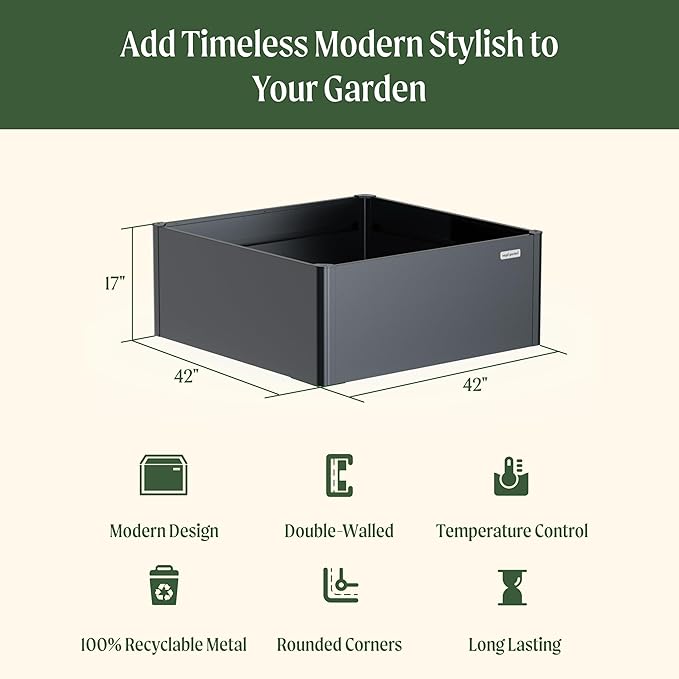 Vego garden Modern Raised Garden Bed 17" Tall 42" x 42" Heavy Cube Planter Box for Trees Plants Flowers Double-Walled Metal Planters for Outdoor Commercial Residential Patio, Urban Charcoal