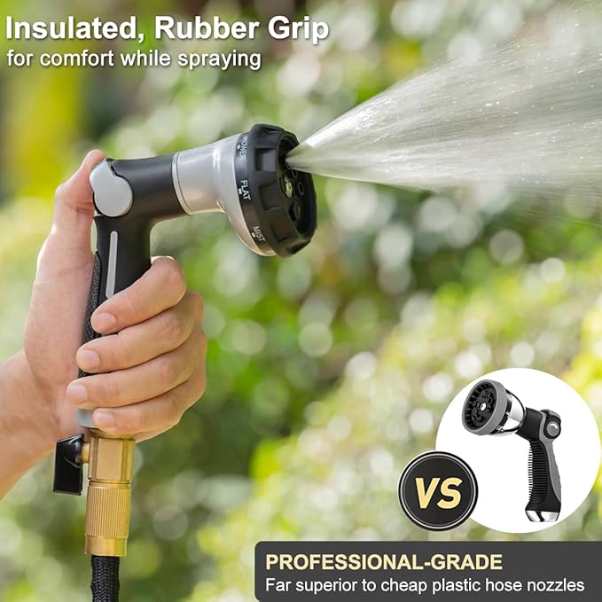 FANHAO Garden Hose Nozzle Heavy Duty, 100% Metal Water Hose Sprayer with 8 Spray Patterns, High Pressure Spray Nozzle Thumb Control On Off Valve for Lawn & Plant Watering, Car & Pet Washing - Silver