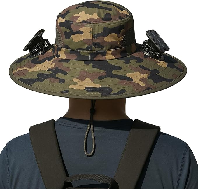 Solar Powered Fan Hat for Men & Women – UPF50+ Wide Brim Camo Sun Hat for Outdoor Hiking, Fishing, Camping, Gardening – Cooling Bucket Hat with USB Rechargeable Fan, UV Protection, Breathable Design