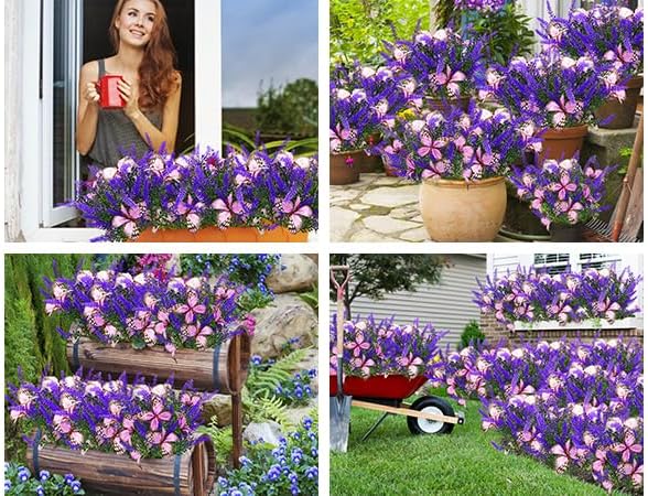 Kohlrabi Solar Garden Lights Outdoor, 4 Pack Purple Lavender Solar Butterfly Lights Gardening Gifts for Women, Artificial Flower with Butterfly Purple Garden Decor for Lawn Patio-Warm White