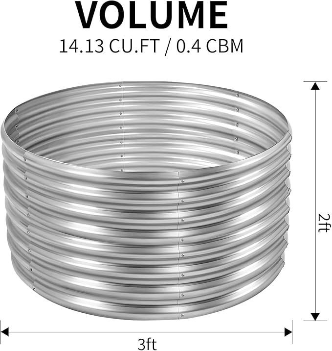 Land Guard 3×3×2ft Galvanized Raised Garden Bed Kit, Round Galvanized Planter Raised Garden Boxes Outdoor, Large Metal Raised Garden Beds for Vegetables, Silver