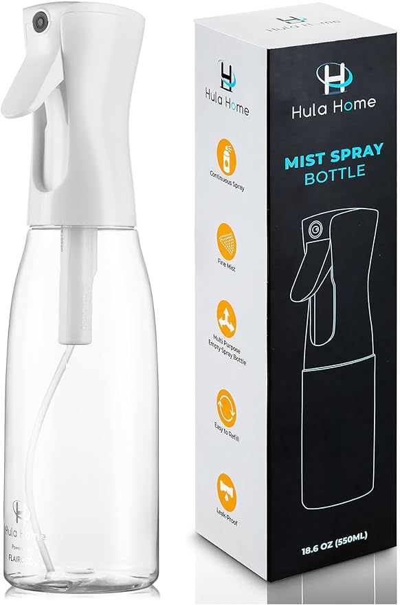 Hula Home Spray Bottle for Hair (20oz/590ml) - Powered by Flairosol® Spray Technology - Continuous Ultra Fine Mist Sprayer – For Hairstyling, Cleaning, Salons, Plants, Essential Oil & More - White