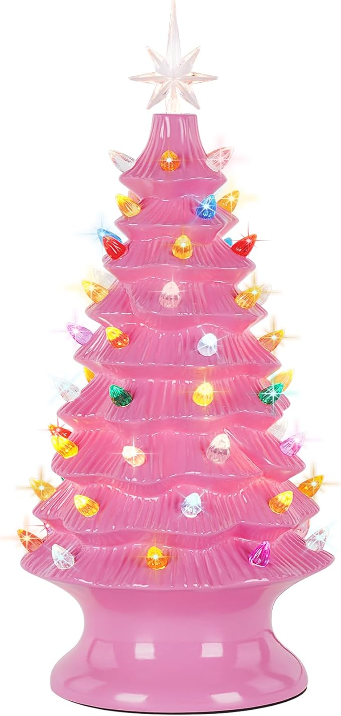 Lakumu 16.5" Table Top Christmas Tree, Hand Painted Resin Christmas Tree with Lights, Pre-lit Xmas Tree Decor Lighted Tabletop Decoration with Multicolored LED Bulbs, Ceramic-Like Finish, Pink