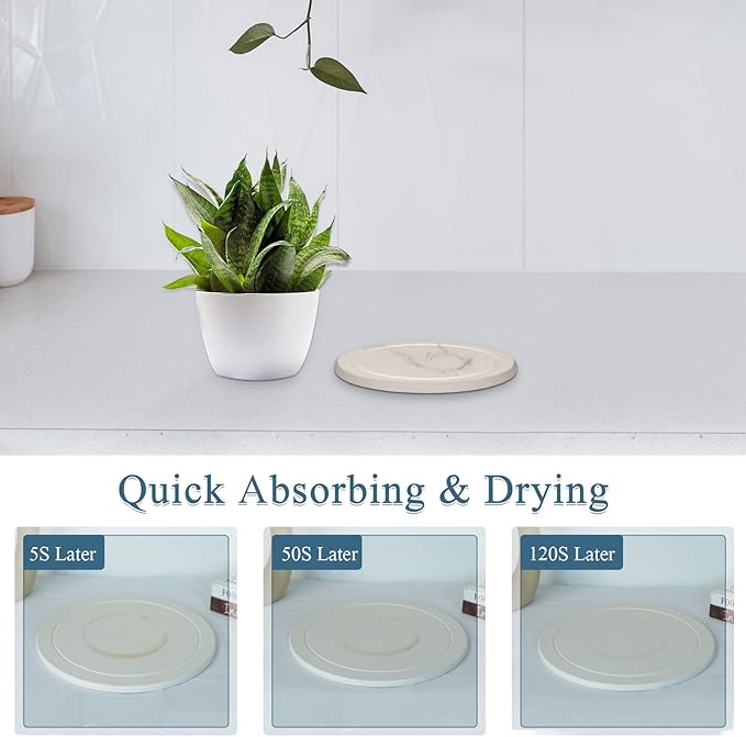 Plant Saucer Flower Pot Saucers Plant Trays for Pots Instant Dry Diatomaceous Earth Round Plant Drip Trays for Indoors Keeping Counter and Floors Dry and Clean (2Pcs White Small)