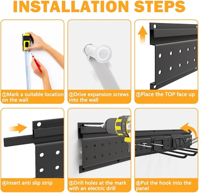 Garage Tool Storage Organizer Wall Mount, Heavy Duty Metal Garden Tool Rack Kit, 48inch Tracks with 16 Hooks for Shovel, Broom, Rake, Home, Max Load 600lb