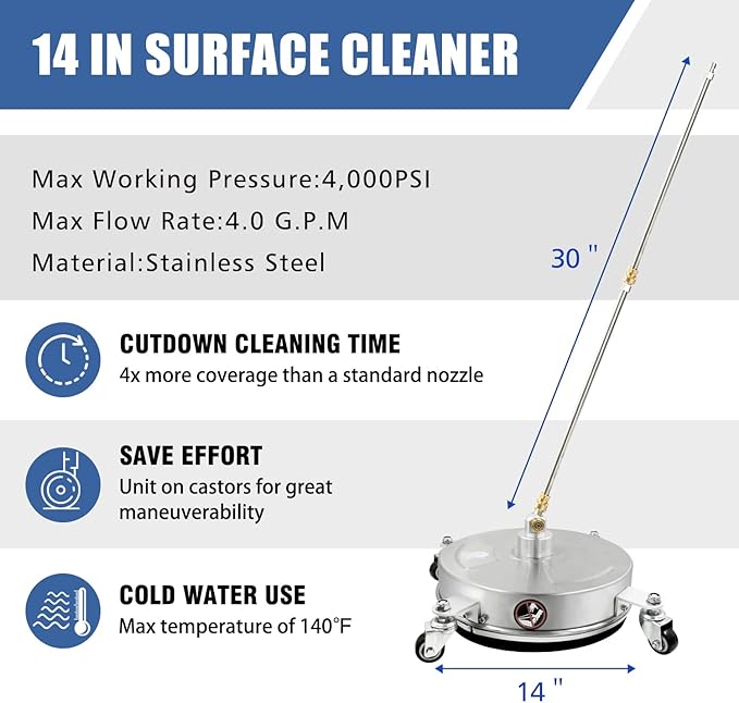 janz 14" Pressure Washer Surface Cleaner with 4 Wheels, Stainless Steel Housing, 1/4" Quick Plug, 2 Extension Wands, 2 Replacement Nozzles and 3 Spray Nozzles, 4000 PSI