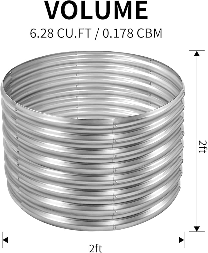Land Guard 2×2×2ft Galvanized Raised Garden Bed Kit, Round Galvanized Planter Raised Garden Boxes Outdoor, Large Metal Raised Garden Beds for Vegetables, Silver