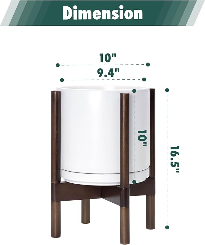 D'vine Dev Ceramic Planter with Walnut Color Stand - 10 Inch Modern Round Flower Pot with Wood Planter Holder, White, 55-B-X-1