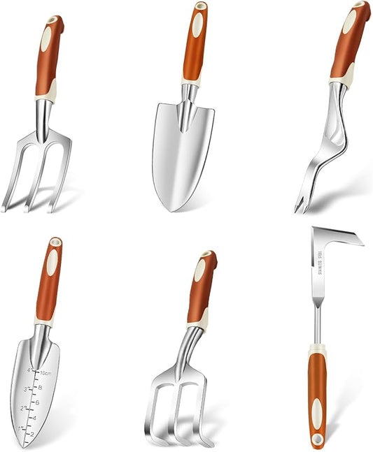 Garden Tool Set, 6 Pack Heavy Duty Gardending Hand Tools Kit with Non-Slip Rubber Grip, Ideal Gardening Gifts for Women