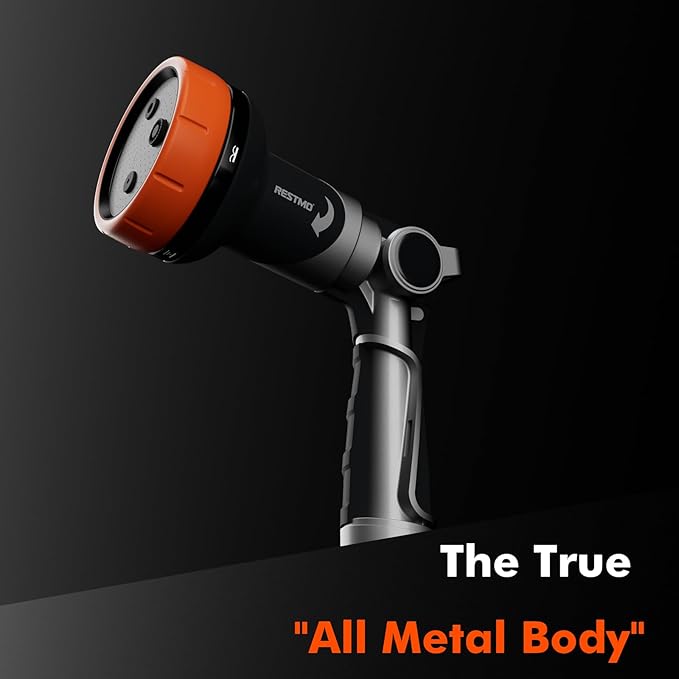 RESTMO 2-IN-1 Garden Hose Nozzle, Heavy Duty Metal Water Hose Nozzle with 4 Spray Patterns, Magic Twist and Thumb Flow Control, Ideal for Watering Plants & Lawns, Washing Cars & Pets, Orange