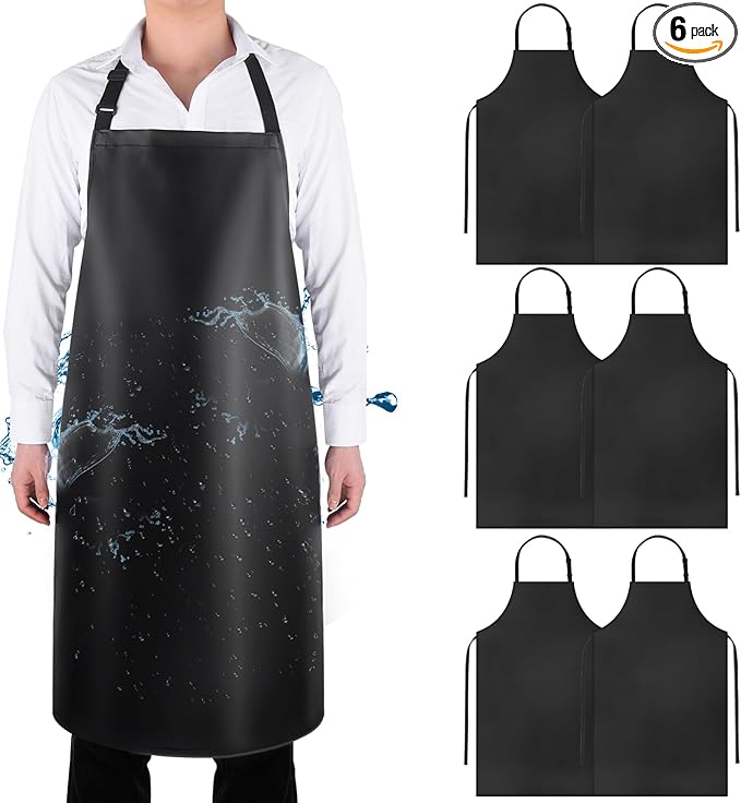 Gotega 6 Pack Waterproof Rubber Vinyl Apron 40 Inch Chef Aprons for Men Heavy Duty Chemical Work Apron Extra Long Grilling Aprons with Adjustable Bib Apron for Dishwashing Lab Butcher Black