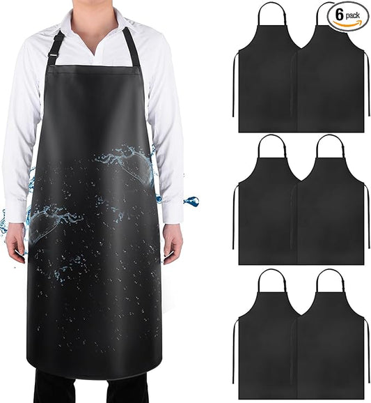 Gotega 6 Pack Waterproof Rubber Vinyl Apron 40 Inch Chef Aprons for Men Heavy Duty Chemical Work Apron Extra Long Grilling Aprons with Adjustable Bib Apron for Dishwashing Lab Butcher Black