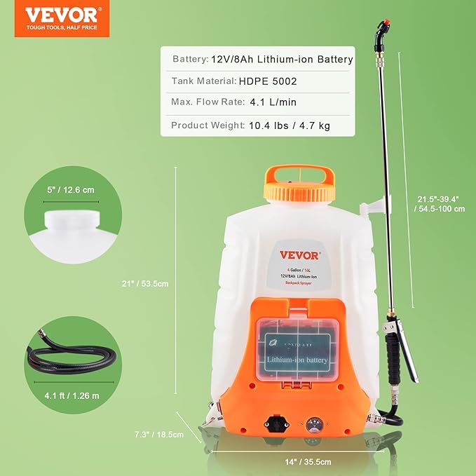 VEVOR Battery Powered Backpack Sprayer, 0-90 PSI Adjustable Pressure, 4 Gallon Tank, Back Pack Sprayer with 8 Nozzles and 2 Wands, 12V 8Ah Battery, Wide Mouth Lid for Weeding, Spraying, Cleaning