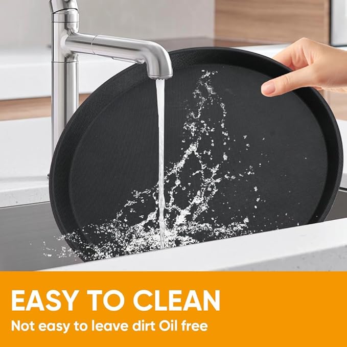 8 Pcs 14 Inch Black Round Restaurant Serving Tray - Plastic Food Meals Server Tray with Raised Edges Non-Slip Surface for Home Kitchen Restaurant Cafeteria Bar