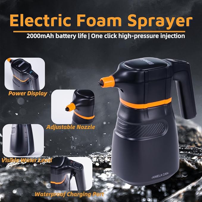 2L Electric Foam Sprayer Acid&Alka Resistant HDPE Sprayer Bottle USB Rechargeable Portable Pump Spray Multi-Function for Car Detailing, Garden Watering, Home Cleaning (Black)