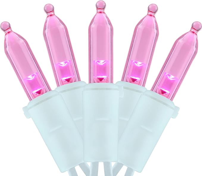 YULETIME 200 Pink LED Christmas Lights, 66 Feet White Wire UL Certified Commercial Grade Holiday String Light Set