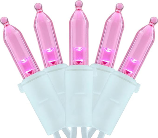 YULETIME 200 Pink LED Christmas Lights, 66 Feet White Wire UL Certified Commercial Grade Holiday String Light Set