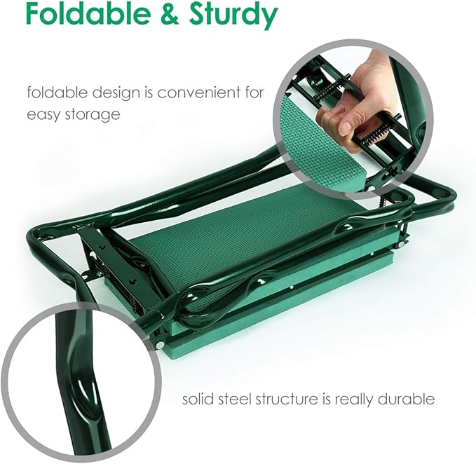 TomCare Upgraded Garden Kneeler Seat Widen Soft Kneeling Pad Garden Stools Garden Bench with 2 Large Tool Pouches Outdoor Foldable Gardening Gifts for Women Men Gardeners, Green