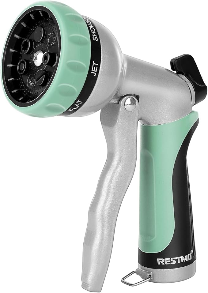 RESTMO Garden Hose Nozzle, Heavy Duty Metal Water Hose Nozzle with 7 Adjustable Spray Patterns, High Pressure Hand Sprayer with Flow Control, Best for Watering Plant & Lawn, Washing Car & Pet, Cyan