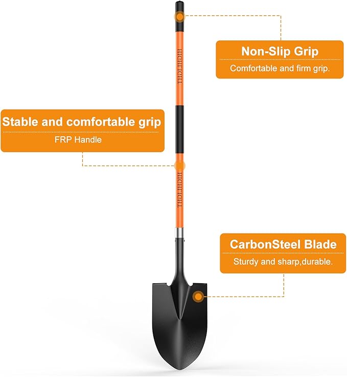 HIGHLIGHT Spade, Heavy Duty Gardening Shovel, Garden Shovel 56 inch for Digging, Round Shovel with D-Handle, for Garden,Beach, Snow, Fiberglass Handel, Orange