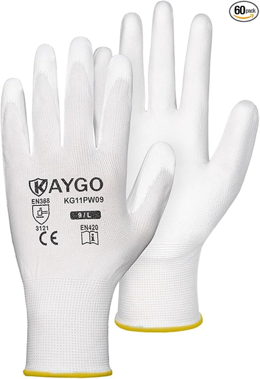 Safety Work Gloves PU Coated-60 Pairs, KG11P Seamless Knit Glove with Polyurethane Coated Smooth Grip on Palm&Fingers, for Men and Women, Ideal for General Duty Work, White,Large