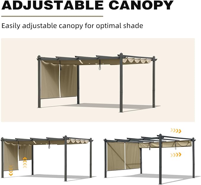 BPS 12x14 FT Outdoor Pergola - Retractable Shade Canopy with Aluminum Frame & Roller Shade Curtains for Patio, Backyard, or Deck, Khaki