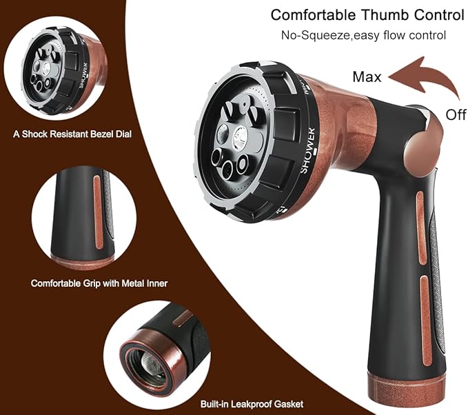 FANHAO Garden Hose Nozzle, 100% Heavy Duty Metal Water Hose Sprayer with 8 Spray Patterns, High Pressure Water Nozzle with Thumb Control, On Off Valve for Watering Plants, Washing Cars & Pets, Brown