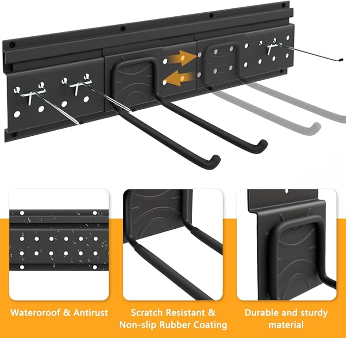 Garage Tool Storage Organizer Wall Mount, Heavy Duty Metal Garden Tool Rack Kit, 48inch Tracks with 16 Hooks for Shovel, Broom, Rake, Home, Max Load 600lb