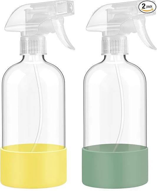 Glass Spray Bottles with Silicone Sleeve Protection, 16 oz Empty Refillable Containers, Reusable Spray Bottles with Adjustable Nozzle for Hair, Cleaning Solutions,Plants , 2 Pack Olive Green&Yellow