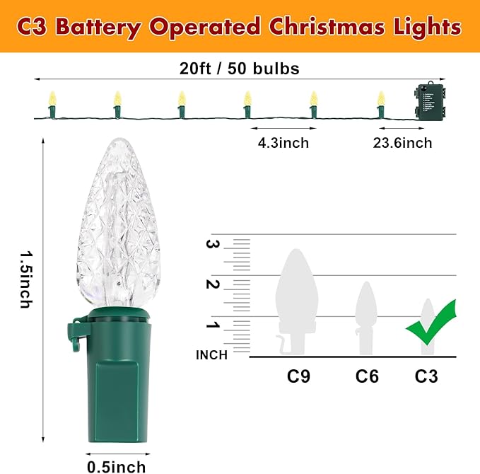 Brightever C3 Battery Operated Christmas Lights, 20FT 50LED Christmas Battery Powered String Lights with Timer & 8 Lighting Modes, Xmas Decor for Wreaths Room Patio Wedding Party, Warm White, 1-Pack