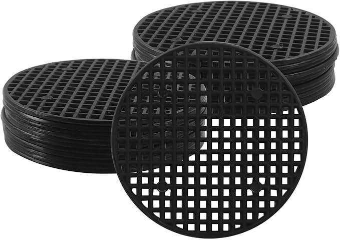 20pcs Plant Drainage Mesh Pads - 2.9 Inch Round Plastic Grid Mat, Breathable Soil Guard for Potted Plants, Bonsai (Black)
