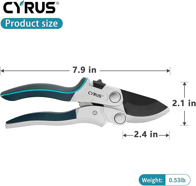 CYRUS Pruning Shears for Gardening,8" Pruning Shears Heavy Duty Wheel Effortless Pruning Non Stick Coating Blade with Anti Slip Handle Scissors Widely Used for Gardening, Hydrology, Grow Tents