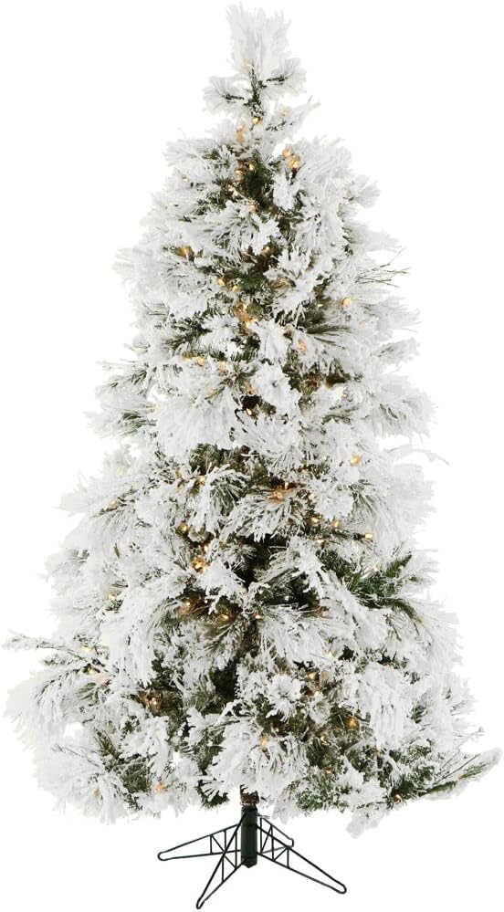 Fraser Hill Farm 4.0-Foot Pre-Lit Snowy Pine Flocked Slim Christmas Tree, Warm White LED Lights
