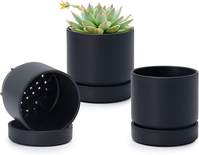 Phoenix Vine 4 Inch Planter Pot with Drainage Hole & Saucer, Deep Water Catch Tray, Straight Cylindrical Round Pot for Plants, Matte Black, Pack of 3, 23-C-R-3
