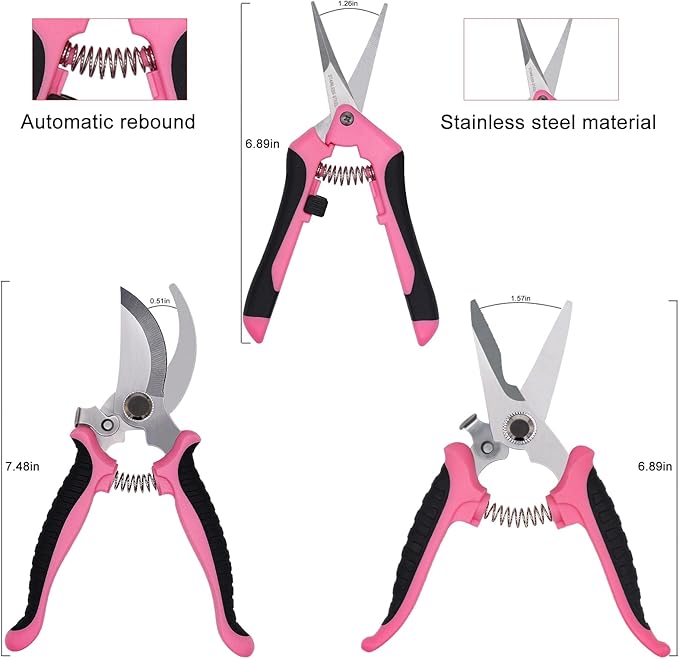 Pruning Shears Gardening Scissors Tools: 3pcs Outdoors&Indoor Garden Clippers, Rose Snips, Plant Clippers, Wood Pruner, Gardener Work Accessories for Flower Arrangement, Yard Landscaping (Pink)