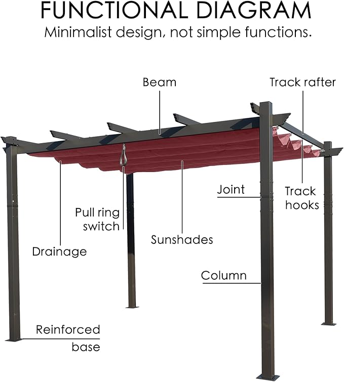 Kozyard Morgan Outdoor Retractable Pergola with Sun Shade Canopy Patio Aluminum Pergola Shelter for Backyard Deck Garden Modern Metal Grill Gazebo (10' x 10', Burgundy)