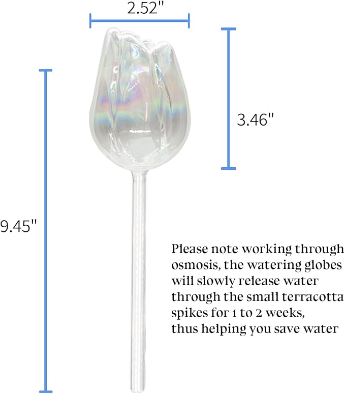 3 Pack Non-Clogging Iridescent Tulip Plant Watering Globes with Terracotta Spikes, Hand Blown Glass Self Watering Planter Insert Plant Watering Devices Bulbs for Indoor and Outdoor Plants