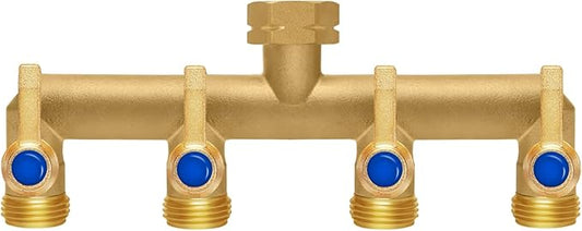 Brass Garden Hose Splitter, 4 Way Hose Splitter, Outdoor Hose Splitter, GHT 3/4 in. Female Inlet and 3 Way 3/4 in. Male Outlet for Regulating and Shutting Off Water Flow