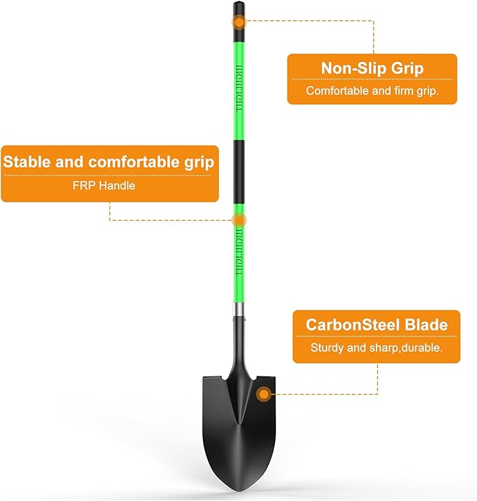 HIGHLIGHT Spade, Heavy Duty Gardening Shovel, Garden Shovel 56 inch for Digging, Round Shovel with D-Handle, for Garden,Beach, Snow, Fiberglass Handel, Green