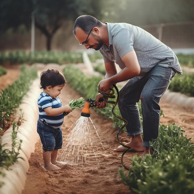 Coil Garden Hose 50 ft,3/8’’ Retractable EVA Coil Hose,Lightweight Recoil Garden Hose with Spray Nozzle, Spiral Water Hose for Boats, RV, House Cleaning, Yard, Gray Orange