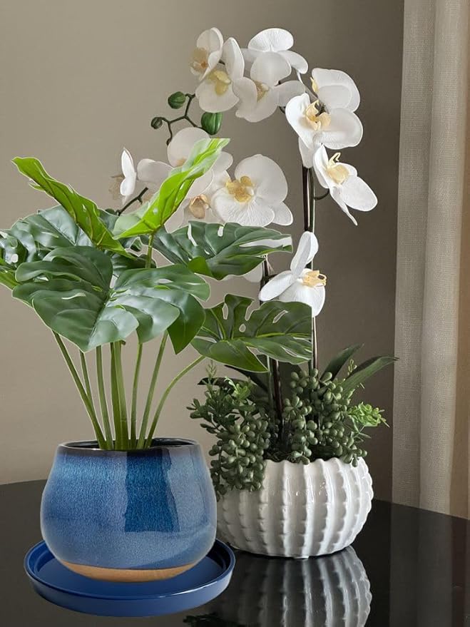 2 Pack Ceramic Plant Saucer Pot Tray 8 Inch, Planter Saucers 4 5 6 7 8 9 10 11 12 Inch for Indoors Outdoor, Durable Sturdy Flower Drainage Tray for Glazed Pots Base (8.5 Inch Blue)