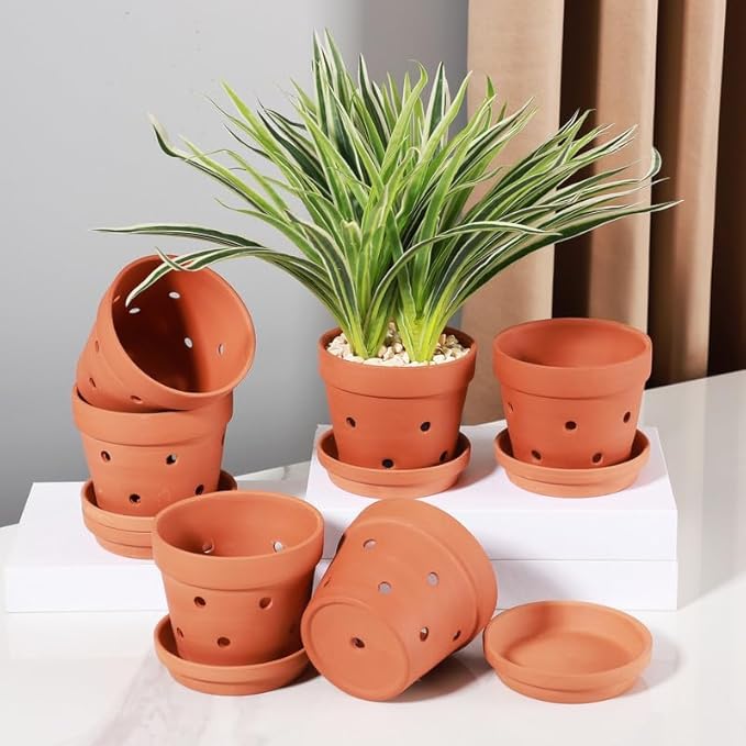 Yishang 4.6 Inch Clay Orchid Pots with Drainage Holes & Saucers - 6 Pack Small Terracotta Planter Pots for Repotting, Plant Flower Pots for Orchid Indoor & Outdoor, Promotes Air Circulation