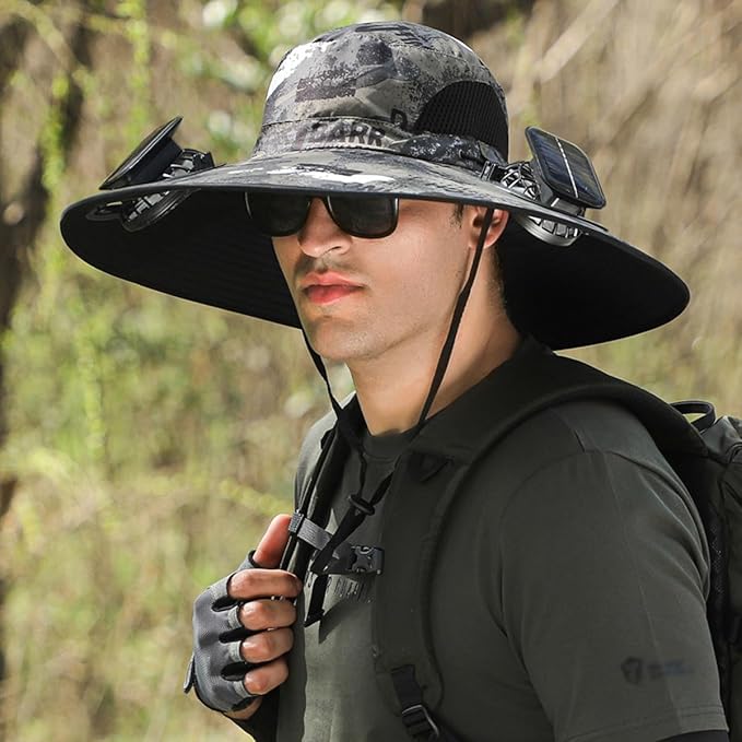 Men's Solar & USB Charging Wide Brim UPF50+ Sun Hat with Dual Fans for Outdoor Activities (Black, Medium)
