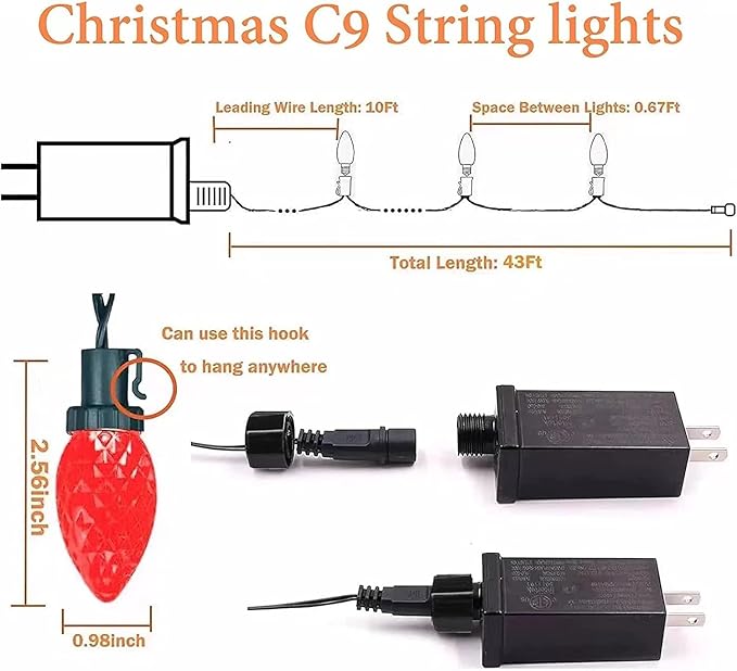 2-Pack Connectable C9 Christmas LED String Lights, Total 66 FT 100 LED Christmas Lights Plug in with 29V Safe Adapter, Waterproof Decorative Lights Indoor Outdoor for Xmas Decorations (Red and Green)