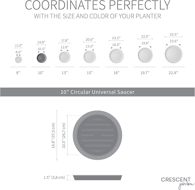 Crescent Garden Universal Round Planter Saucer – Heavy-Duty Drainage Tray for Indoor & Outdoor Use – Fits Pots with 11" Base (15" Total Outer Diameter) - Ash Grey