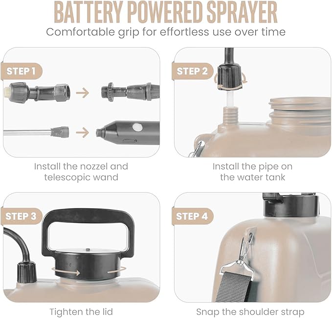 2025 Upgraded Electric Garden Sprayer | 5L/1.35Gal Battery-Powered Sprayer w/ 3 Nozzles, Leak-Proof Design & Adjustable Strap | Type-C Rechargeable for Lawn, Garden, Yard (Light Yellow)