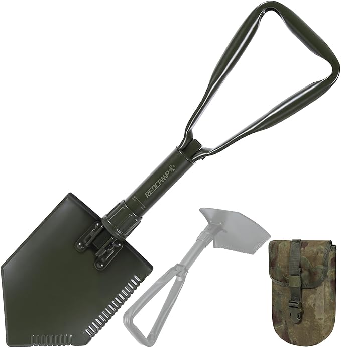 REDCAMP 23" Tri-Fold Folding Shovel for Camping & Car Emergencies, Heavy Duty Tactical Compact Snow/Mud Shovel with OCP Cover, High Manganese Steel Mini Survival Tool (3LBS, Green)