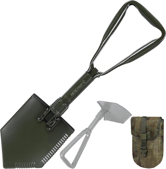 REDCAMP 23" Tri-Fold Folding Shovel for Camping & Car Emergencies, Heavy Duty Tactical Compact Snow/Mud Shovel with OCP Cover, High Manganese Steel Mini Survival Tool (3LBS, Green)