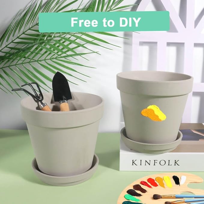 vensovo Grey Terracotta & Clay Pots with Saucer - 6 Pack 5 Inch Terra Cotta Pot Ceramic Pottery Planter Cactus Flowerpots Drainage Hole, Great for Plants, Crafts and Wedding Favor