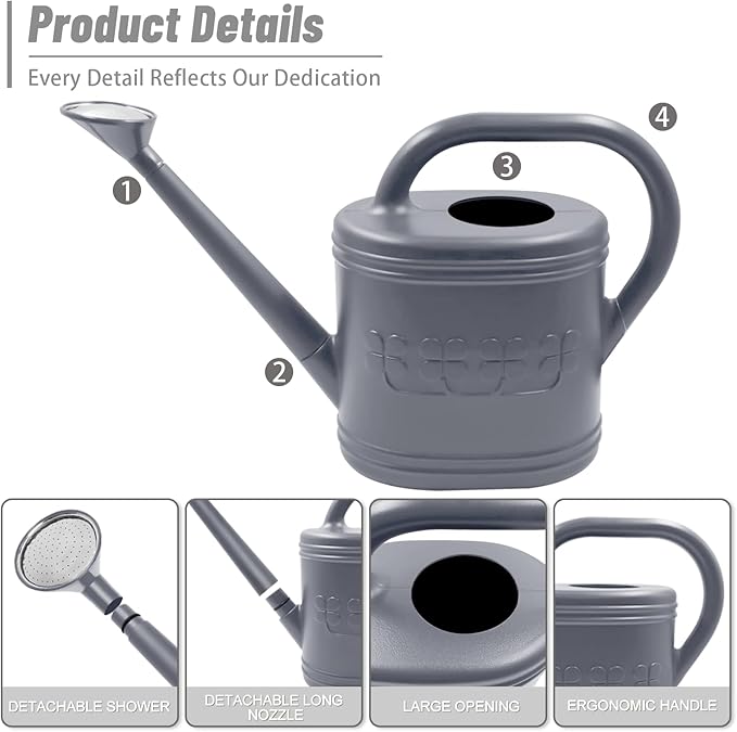 2 Gallon Watering Can, Outdoor Watering Can for Plants, Garden Water Can with Removable Long Spout and Stainless Steel Sprinkler Head, Large Water Can for Greenhouse (Gray, 2 Gallon)
